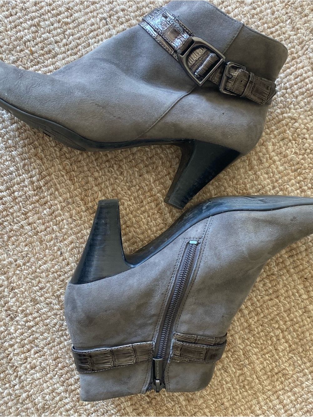 Bandolino Gray Suede Ankle Booties with Croc Leather Buckle Strap